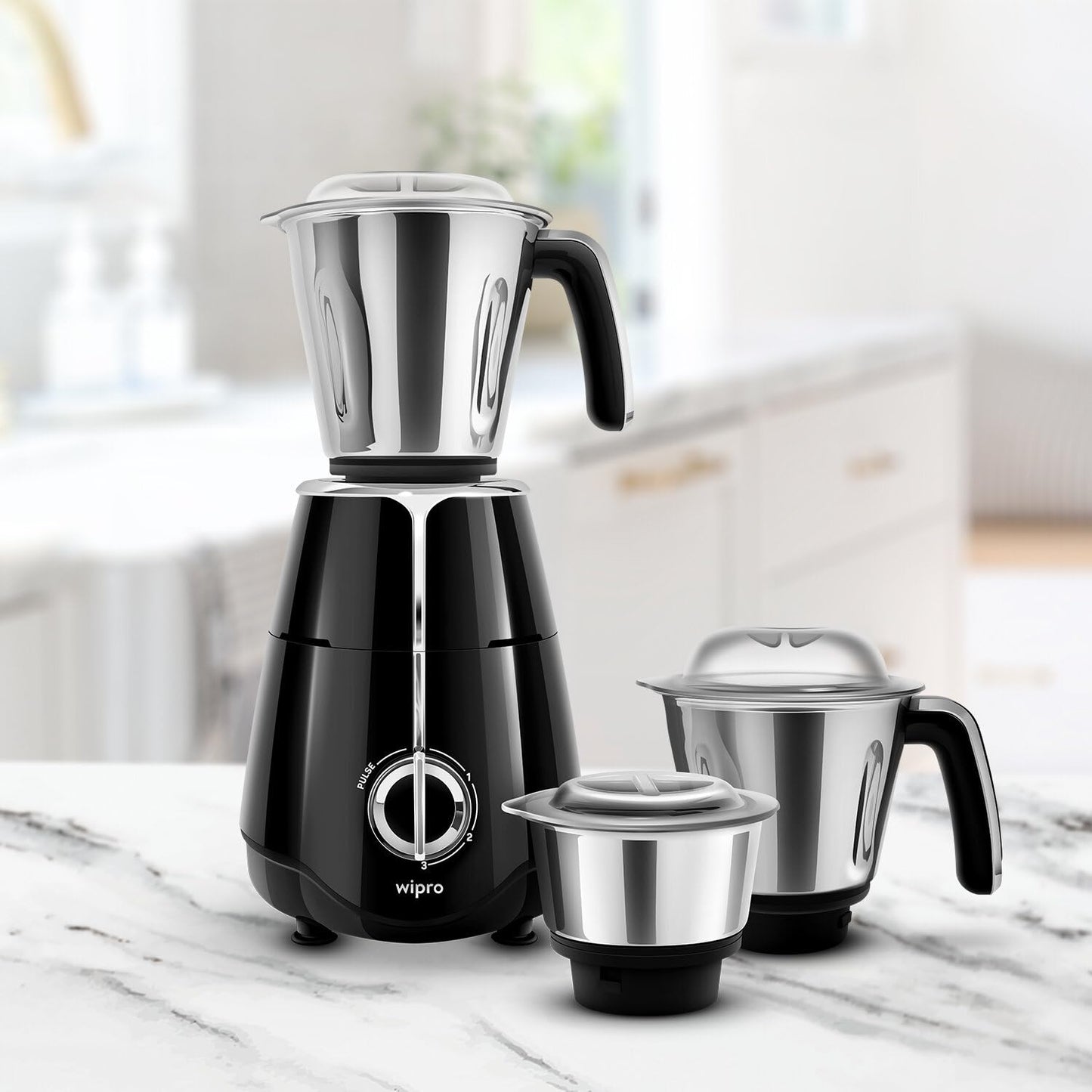 Wipro Elato FMG204 1000 Watt Mixer Grinder with 3 Jars(Wet Grinding Jar (1.5 L) + Dry Grinding Jar (1.2 L) + Chutney Jar (0.5 L)), 100% Copper Motor, 5 Years Motor Warranty, Doorstep Service,Black