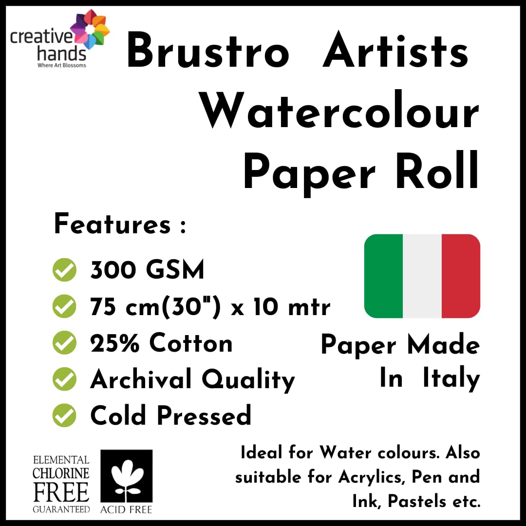 Brustro Artists' Watercolour 25% Cotton Paper Roll 300 gsm Cold Pressed Size 75 cm(30") x 10 mtr