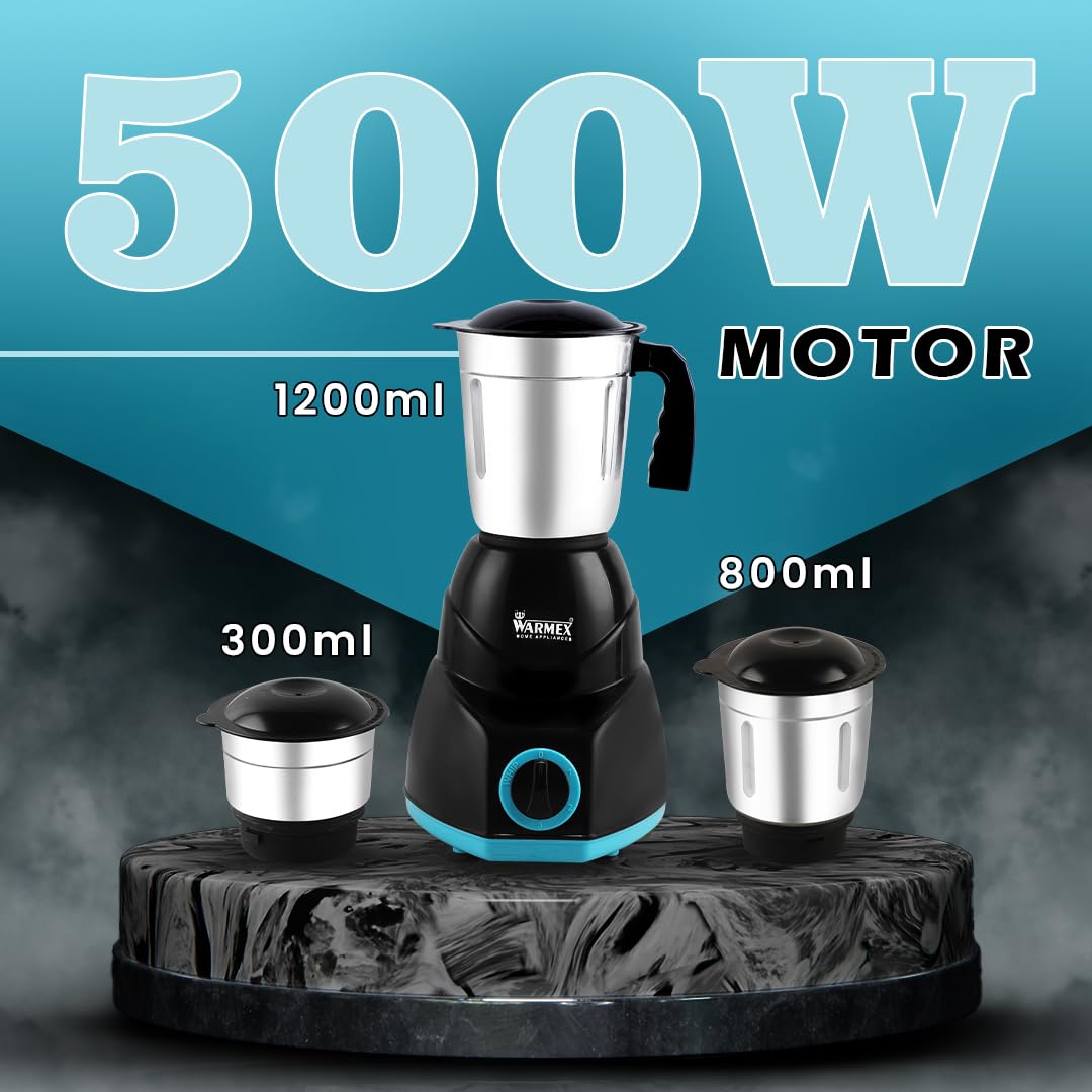 Warmex 500W Mixer Grinder with 3 Jars + 2 Years Warranty, Powerful Motor for Efficient Grinding & Blending, Durable & Versatile Kitchen Appliance, Ideal for Home Cooking Needs, Reliable Performance