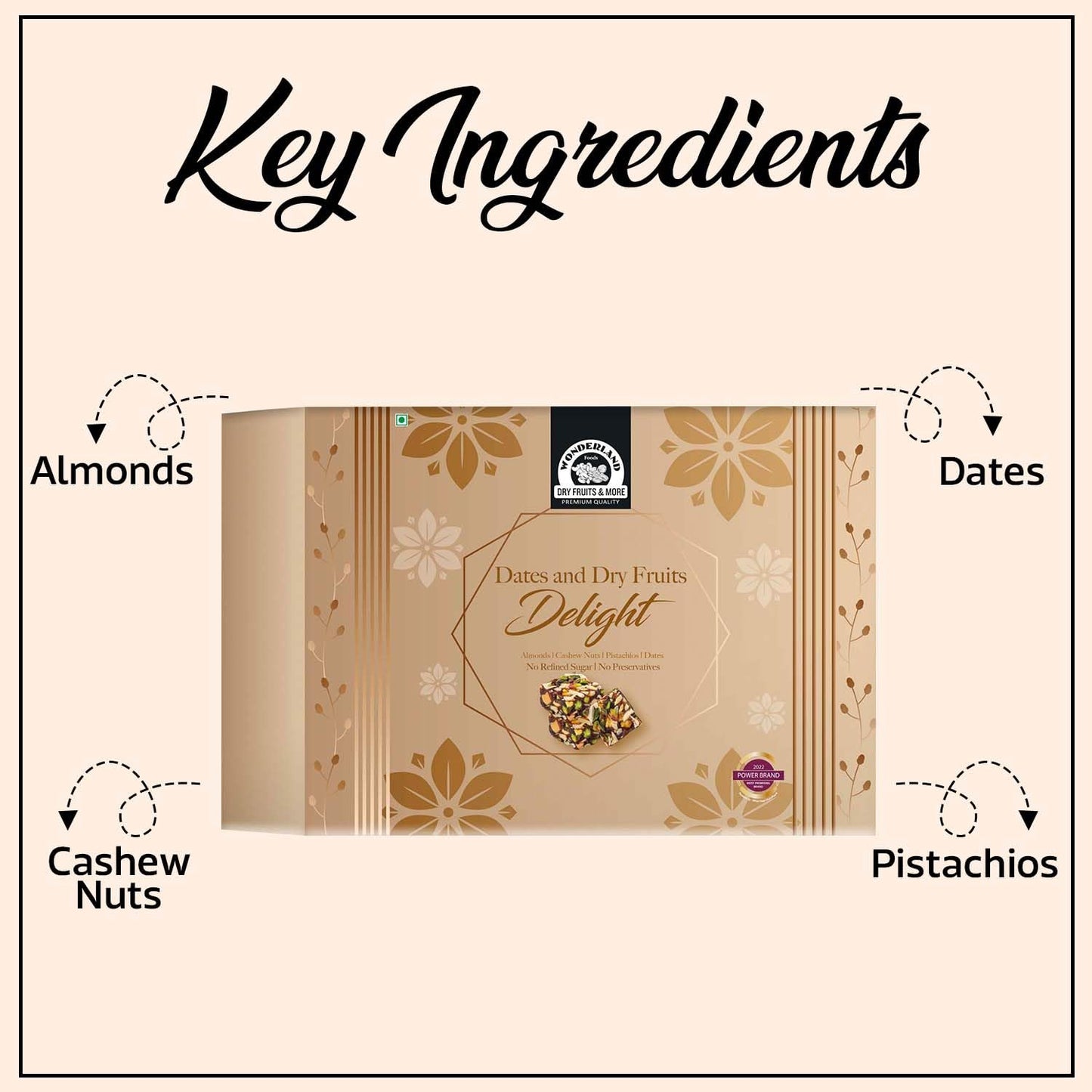 Wonderland Foods 350g Premium Dates And Dry Fruits Delight Box | Dry Fruits And Dates Bites | Made With Dates, Pistachios, Cashews, Almonds, Honey And Pure Ghee