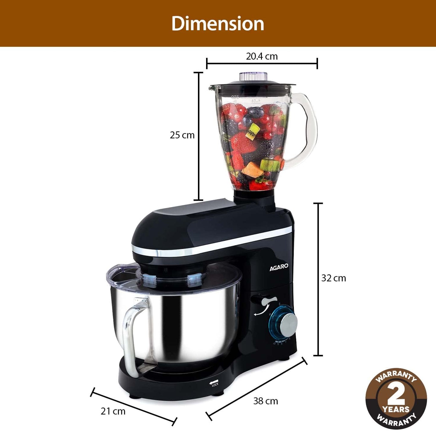 AGARO Imperial Stand Mixer,1400W with 6L SS Bowl, 1.5L Blending Jar,10 Speed With Pulse Function, 100% Copper Motor, Includes Blending Jar, Whisker, Beater, Dough Hook, Egg White Separator, Black