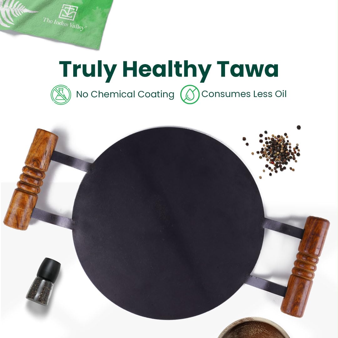 The Indus Valley Pre-Seasoned Round Iron Tawa with Wooden Handle | 12inch/30.4cm - 3.22kg | Induction Friendly | Pre-Seasoned Tawa, 100% Pure & Toxin-Free, No Chemical Coating