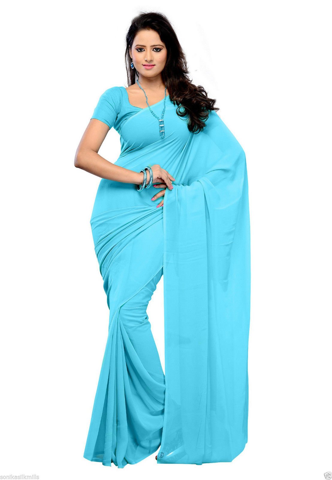 Sidhidata Women's Pure Georgette Saree With Blouse Piece (Pack of 2) (combo plain 719-701_Sky Blue & Baby Pink), Free Size