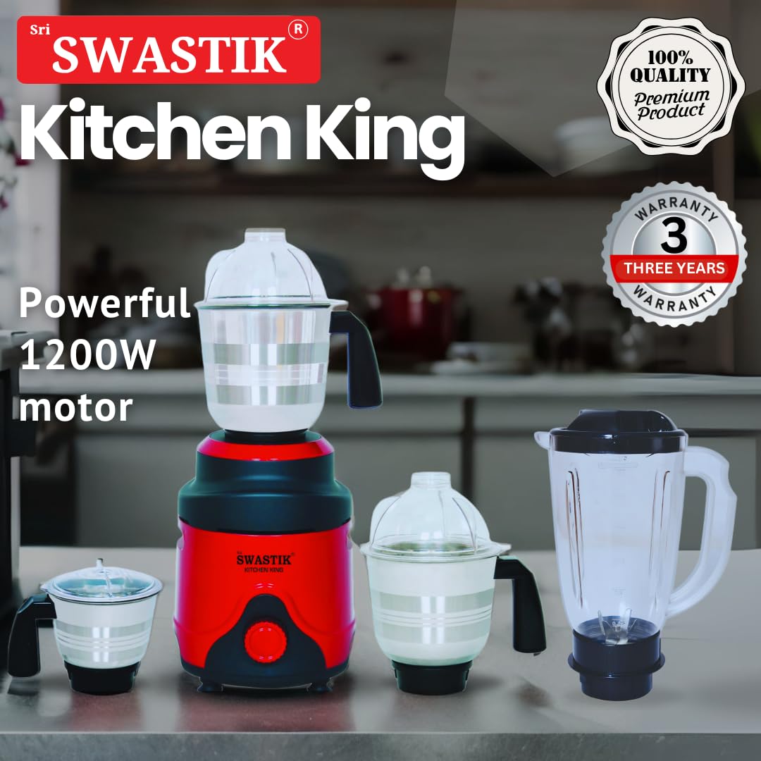 Sri Swastik Kitchen King 1200W Mixer Grinder with 4 Jars | Silent Operation |Heavy-Duty 1200W Copper Motor | Overload Protection