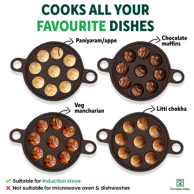 The Indus Valley Super Smooth Cast Iron Paniyaram Pan | Small, 9pit, 8.2 Inch/20.8cm, 2.7kg | Induction Friendly | Nonstick, Pre-Seasoned, 100% Pure & Toxin-Free, No Chemical Coating, Black