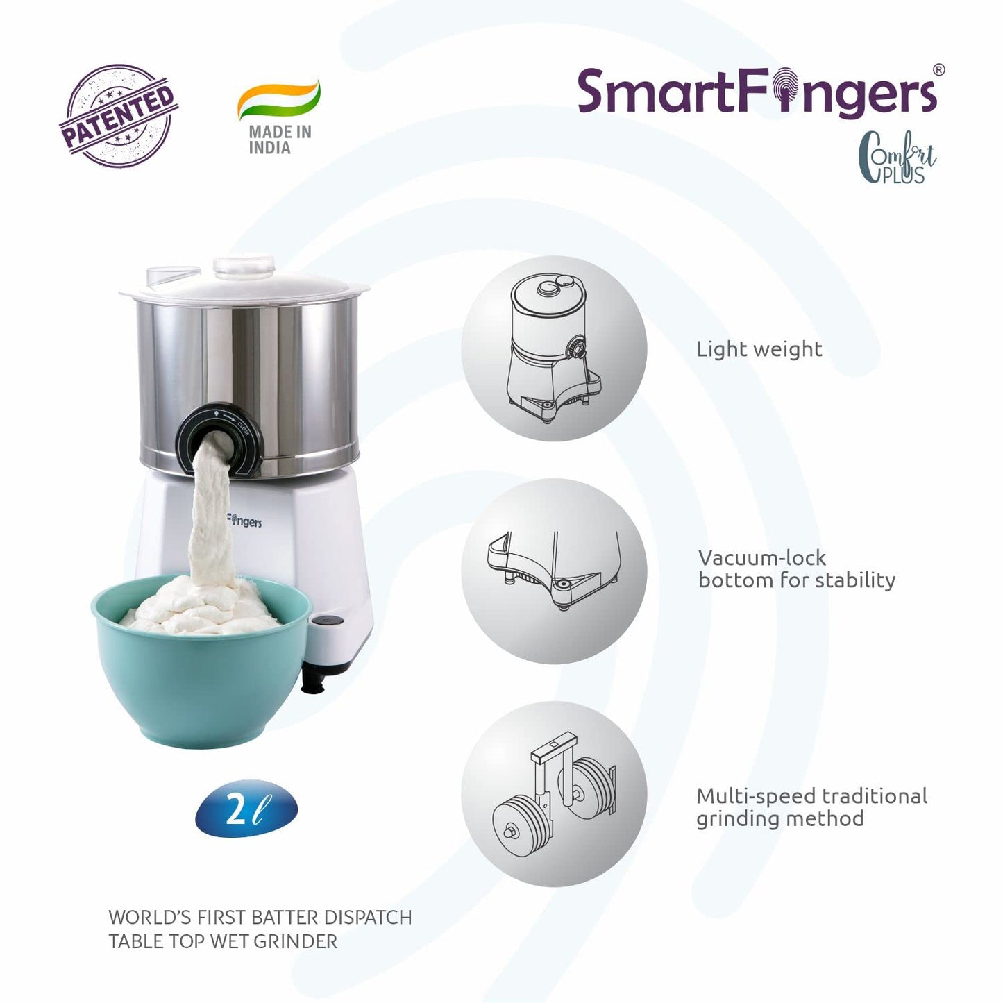 SmartFingers Comfort Plus Table Top magic Wet Grinder 230V 50hz, 2 Liter, White, 2 Stone