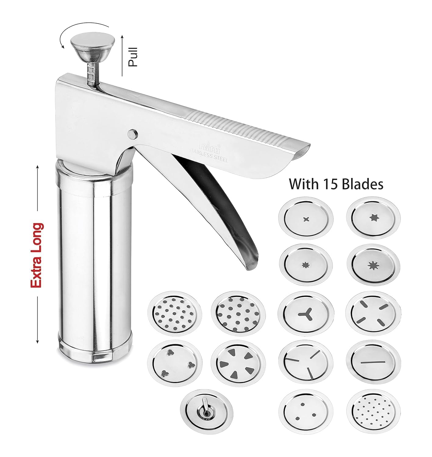 Stainless Steel Kitchen Press with Different Types of Jalies, Murukku Maker/Bhujiya Maker/Noodles/Cookies/Namkeen/Chakali Maker/Sev Maker/Farsan Maker/Gathiya Maker