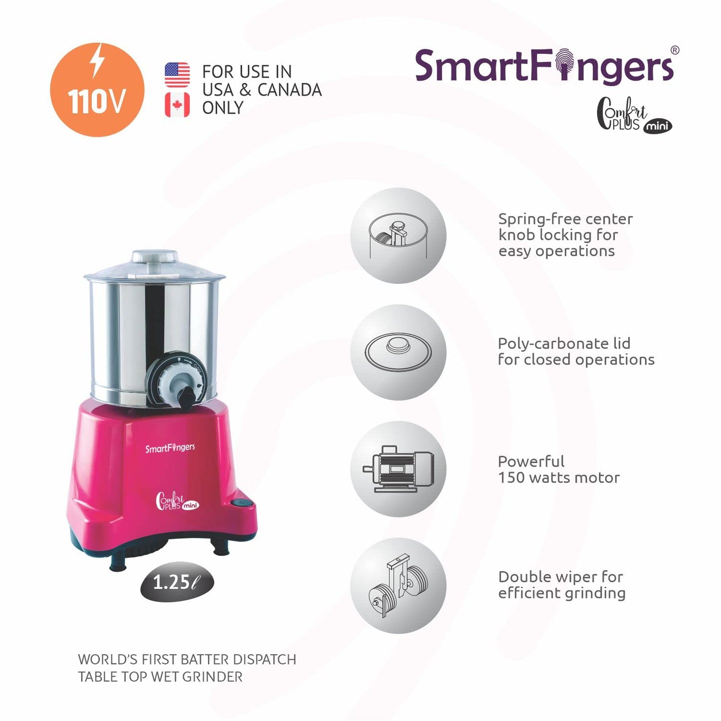 SmartFingers Stainless Steel Comfort Plus Table Top Magic Wet Grinder 110V 60Hz (1.25 L) For Usa Canada And Japan Only, Pink