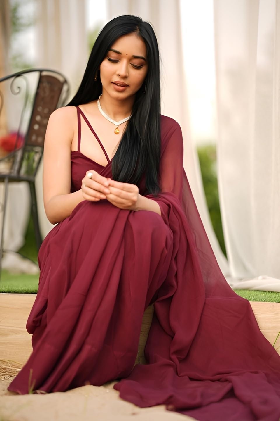 Stylescope Women's Plain Georgette Ready To Wear One Minute Saree With Unstitched Blouse Piece (Kalki Maroon_Maroon_Free Size)