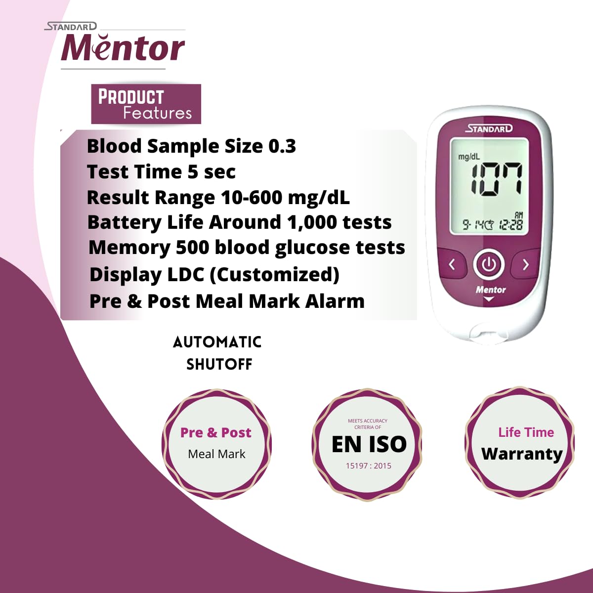 STANDARD Mentor Digital Blood Glucose Meter for self Diabetes testing monitor machine with 10 Strips & complete medical device Kit - Glucometer (Magenta)