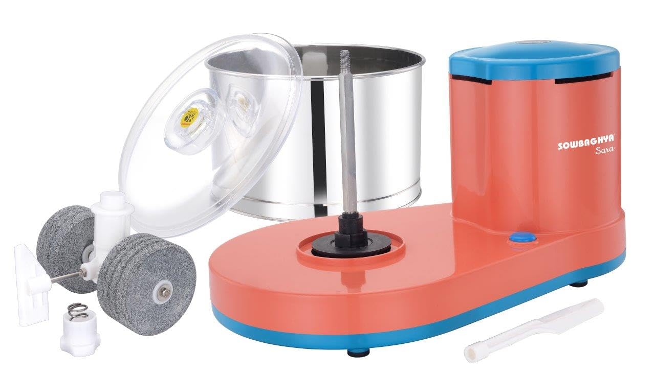 Sowbaghya Sara 2Ltr Table Top Wet Grinder with Coconut Scrapper & Atta Kneader (Orange) | Heavy Duty Motor | Ideal for Your Kitchen | 2Ltr Wet Grinder for All Kinds of Batter for South Indian Dishes