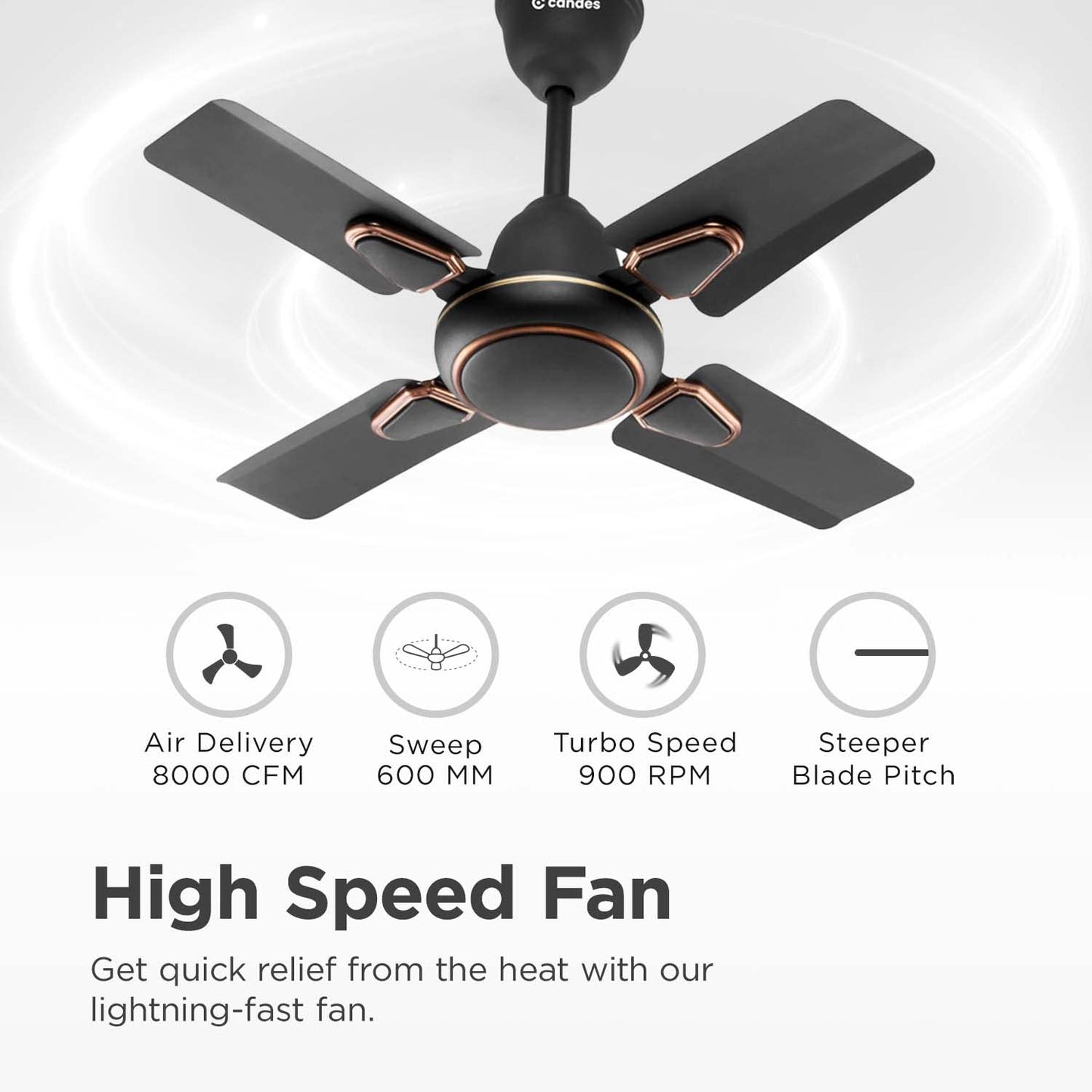 Candes Brio Turbo 600 mm /24 inch Small Ceiling Fans for Home | High Speed, Energy Saver, Noiseless | Small Ceiling Fan for Home, Kitchen Fan, Balcony & Small Room | 2 Yr Warranty | Smoke Brown