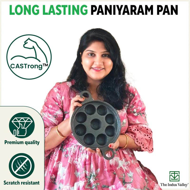The Indus Valley Super Smooth Cast Iron Paniyaram Pan | Small, 9pit, 8.2 Inch/20.8cm, 2.7kg | Induction Friendly | Nonstick, Pre-Seasoned, 100% Pure & Toxin-Free, No Chemical Coating, Black
