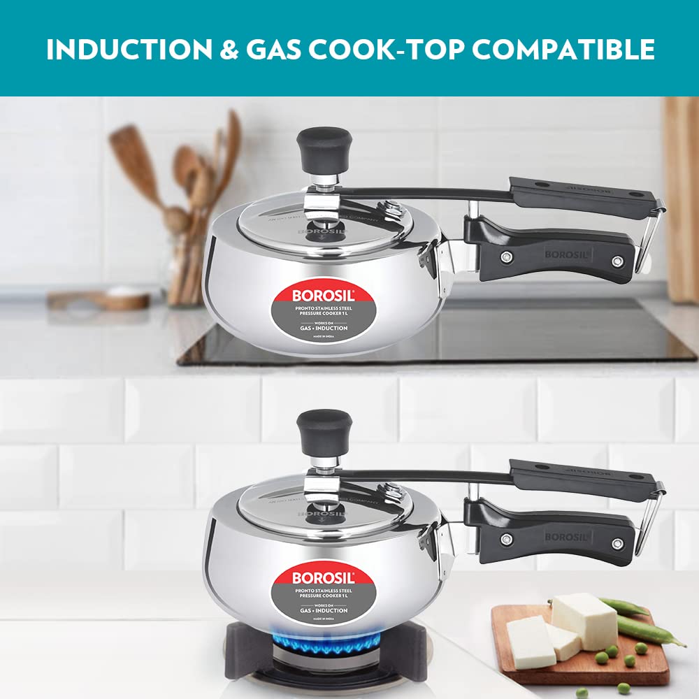 Borosil Pronto 1 L Inner Lid Stainless Steel Pressure Cooker | 6.8 mm Thick Base, Even Heat Distribution | Gas & Induction Campatible | 5 Years Warranty