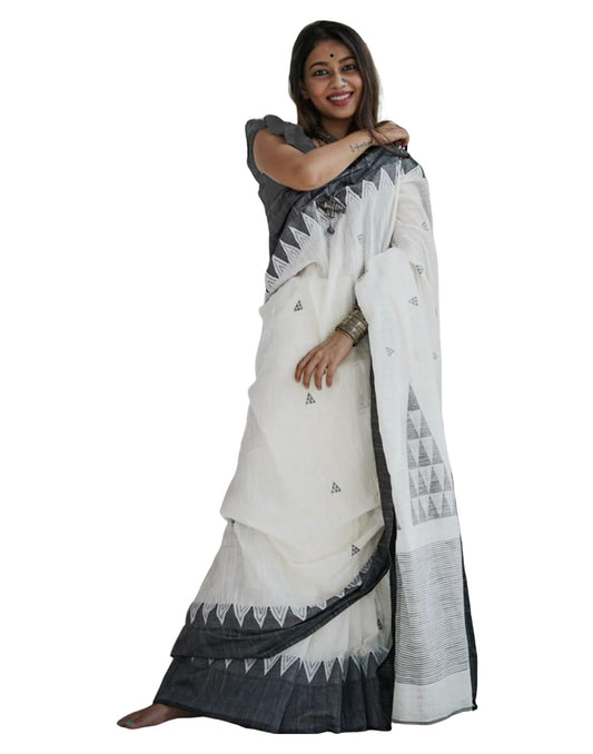 SIRIL Women's Cotton Silk Jamdani Jacquard Saree With Unstitched Blouse Piece (3684S132_White Black)