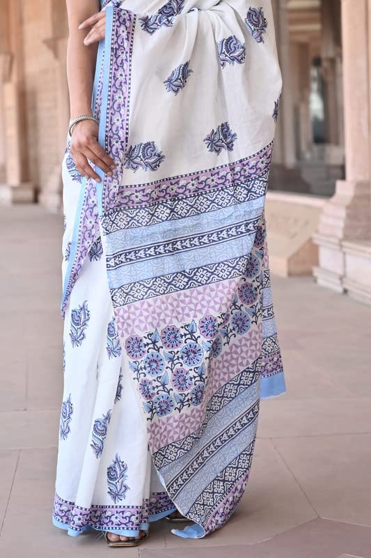 Shivanya Handicrafts Women's Hand Block Print Mulmul Cotton Sarees with Attach Blouse Piece (SH-1444, White)
