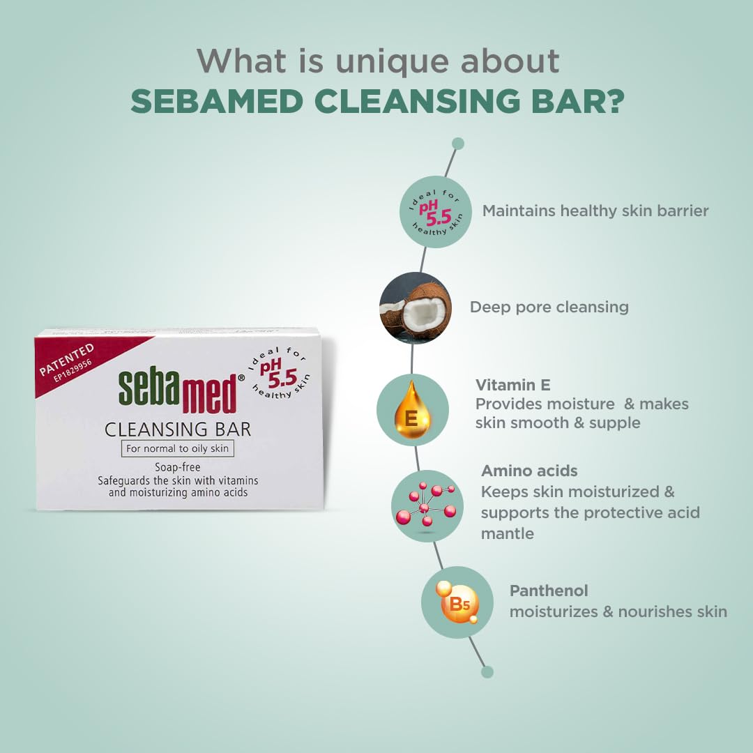 SebaMed Cleansing Bar, Ph5.5, Gentle, Non Drying, Soap Free, Moisturizing Bath, Vitamins & Amino Acids L Free From Phthalates, Dermatologically & Clinically Tested L Ideal, 100 Gm