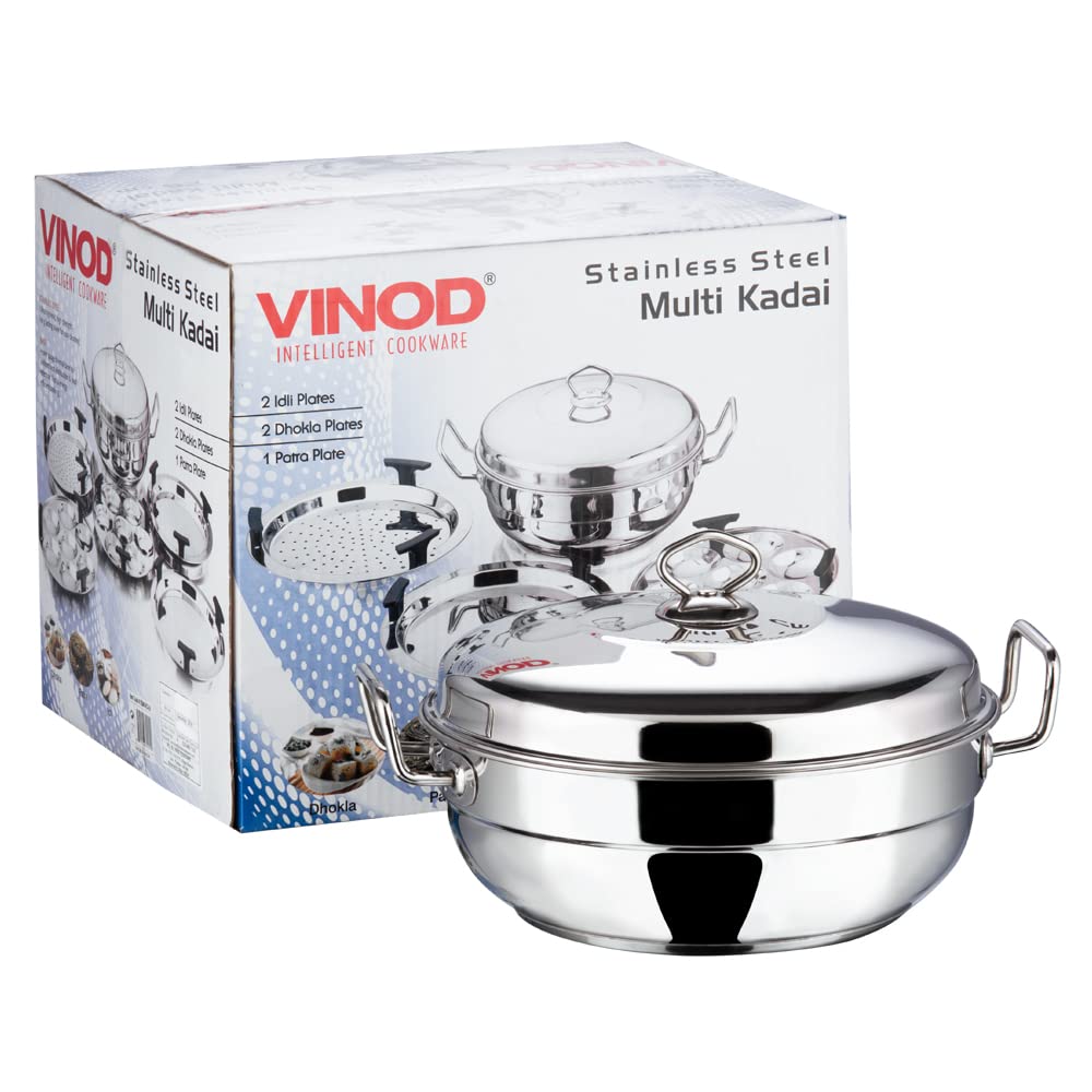 Vinod Stainless Steel Deluxe Multi Kadai with 6 Plates - 26cm, 2 Idli, 2 Dhokla,1 Patra and 1 Mini Idli Plate | Dhokla and Momos Steamer, Maker,Induction Friendly