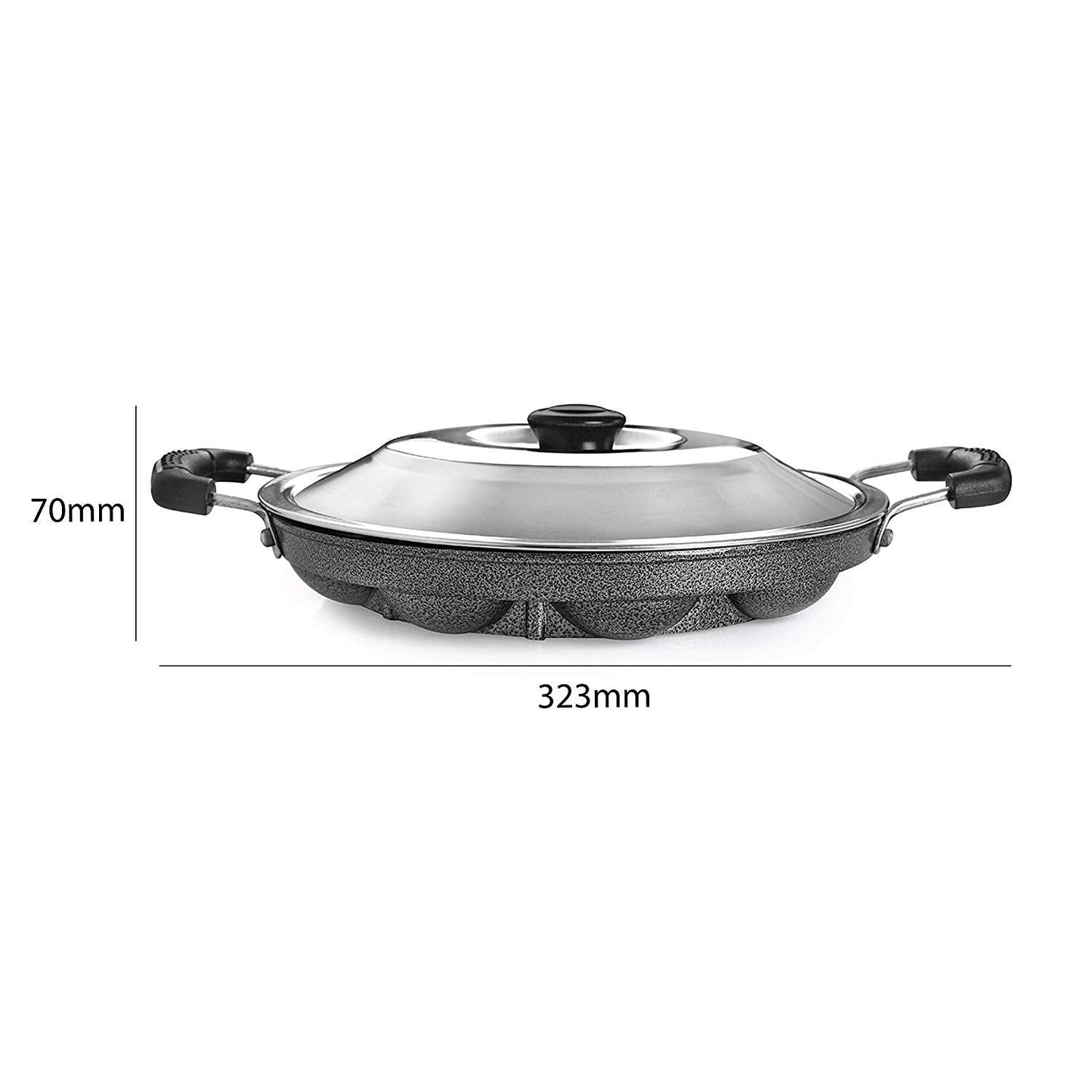 Tosaa Aluminium 12 Cavity Appam Patra Paniyarakkal Two Side Handle with Steel lid & Wooden Picker, ( 23 cm, Black)