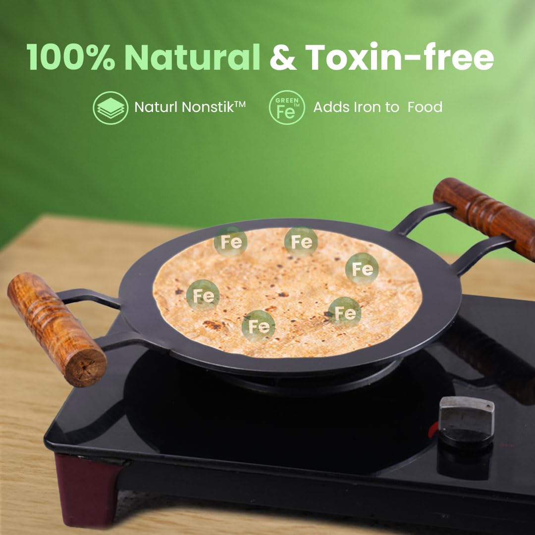 The Indus Valley Pre-Seasoned Round Iron Tawa with Wooden Handle | 12inch/30.4cm - 3.22kg | Induction Friendly | Pre-Seasoned Tawa, 100% Pure & Toxin-Free, No Chemical Coating
