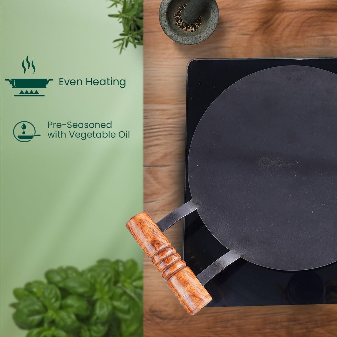The Indus Valley Pre-Seasoned Round Iron Tawa with Wooden Handle | 12inch/30.4cm - 3.22kg | Induction Friendly | Pre-Seasoned Tawa, 100% Pure & Toxin-Free, No Chemical Coating