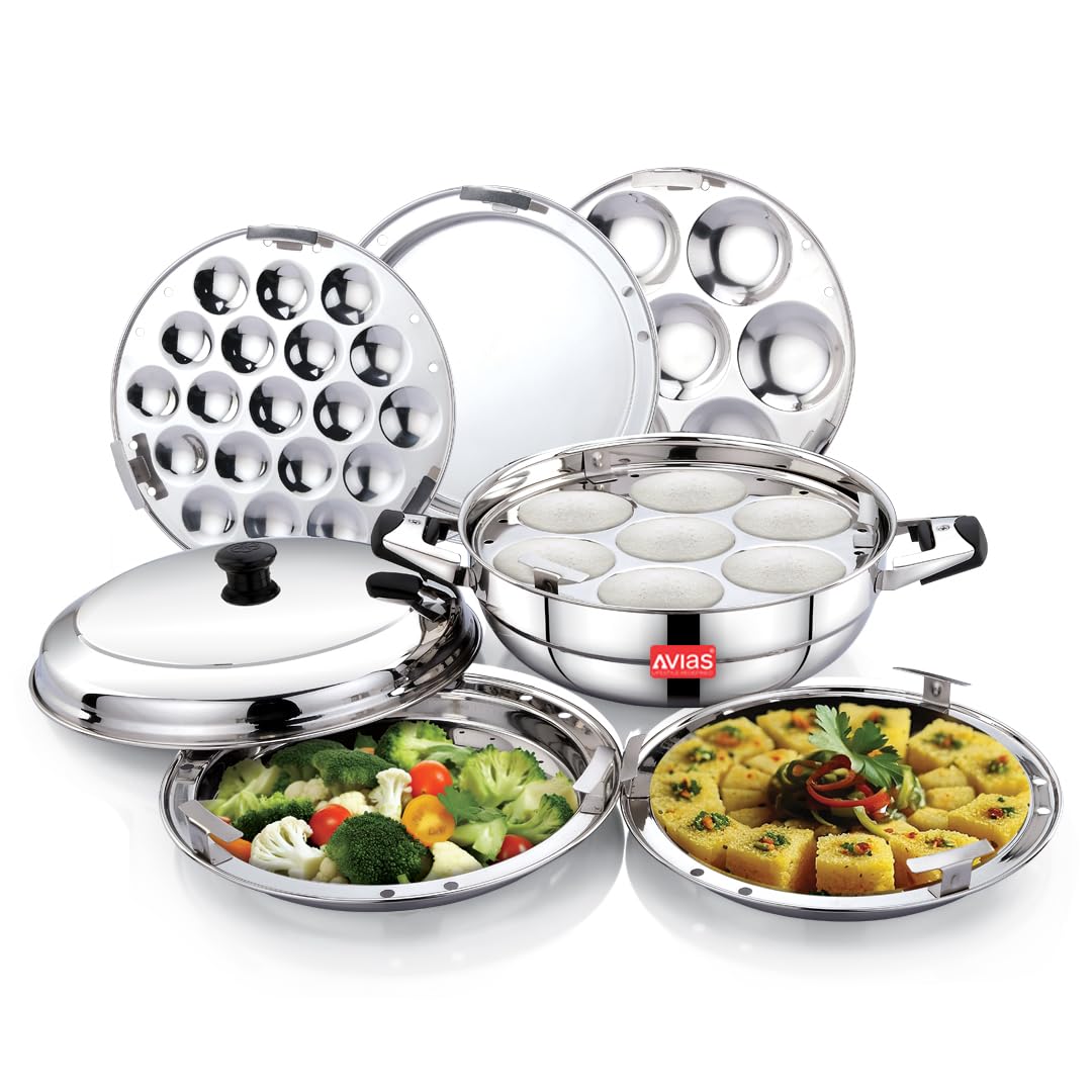 AVIAS All Rounder Premium Stainless Steel Induction Friendly Multipurpose Kadai, Kadhai Set with 6 Plates (1 Mini Idly Plate, 2 Big Idli Plates-14 Idlies, 2 Dhokla Plates, 1 Steamer Plate)