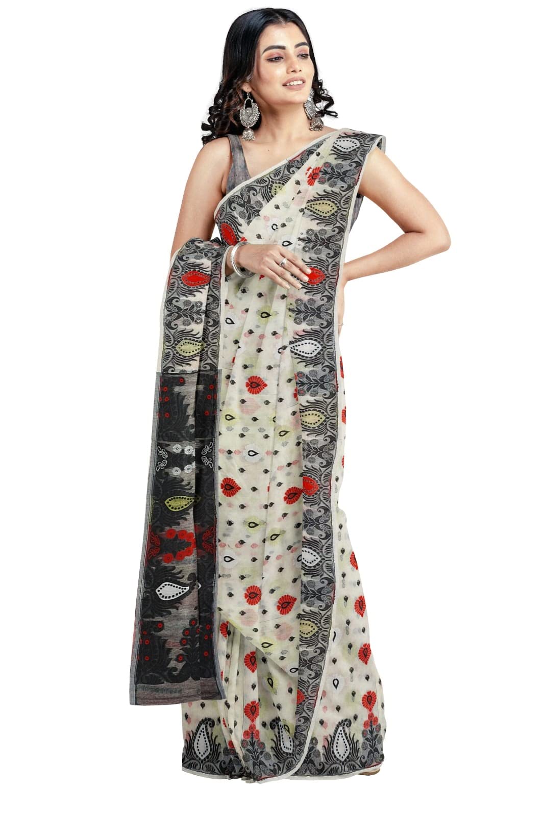 Saree Niketan Women's Traditional Bengal Cotton Silk Jamdani Saree (white)