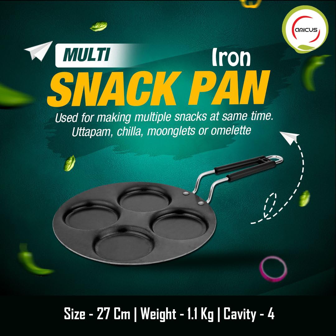 amicus Iron Uttapam Pan Multi Tawa 27 cm, 4 Cavity, Mini Crepe Pan for Snack, Pan Cake, Egg Omelette Maker Tawa,1.1 Kg, Black