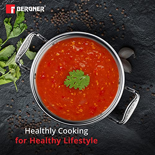 BERGNER Argent Tri-Ply Stainless Steel Casserole With Stainless Steel Lid (22 Cm, 4.1 Litres, Induction Base, Silver),Non-Stick, 4.1 Liter