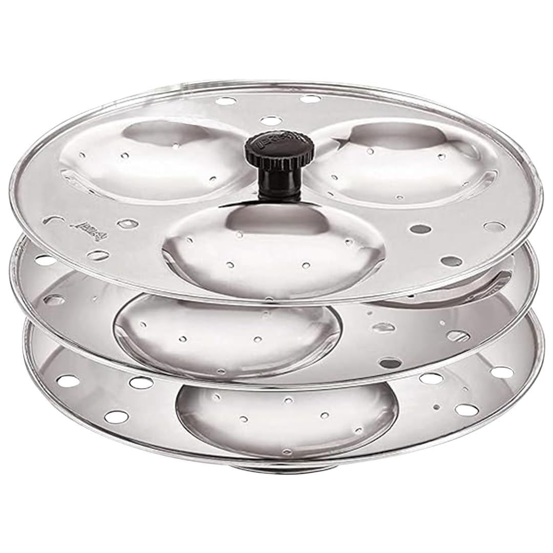 Blluex Stainless Steel Heavy Quality Idli Stand For 5 Liter above Cooker Idli Maker Makes 9 Medium Size Idlis At Once With Stand Kitchen Tool 3 Plates - Silver