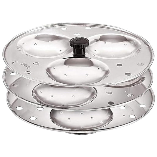 Blluex Stainless Steel Heavy Quality Idli Stand For 5 Liter above Cooker Idli Maker Makes 9 Medium Size Idlis At Once With Stand Kitchen Tool 3 Plates - Silver