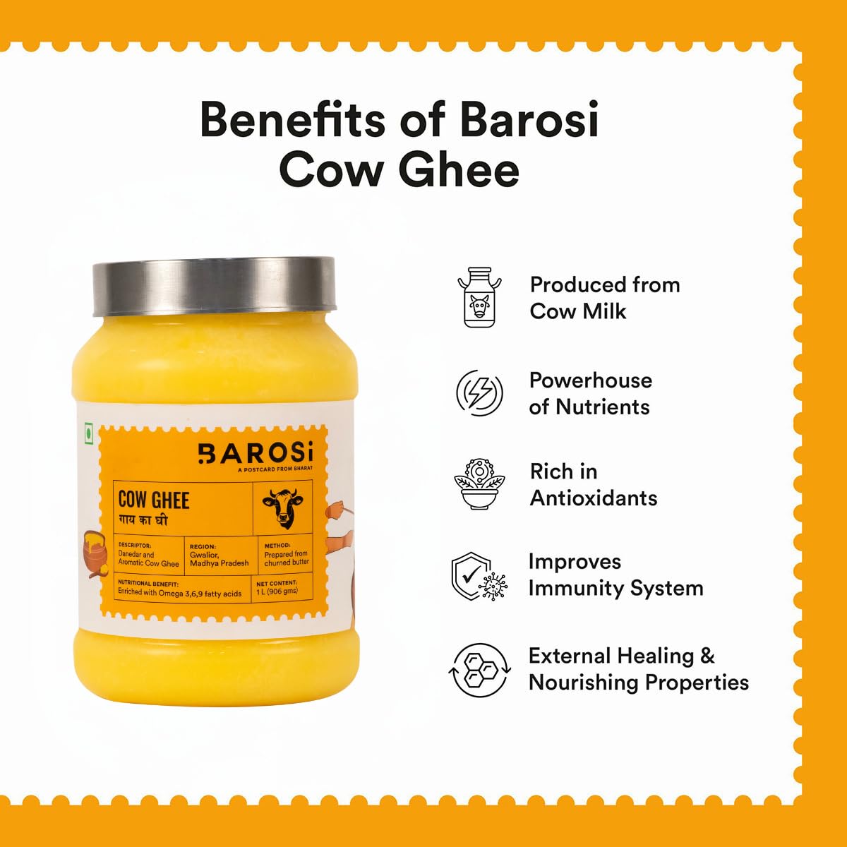 Barosi Premium Cow Ghee 1000 ml | 100% Pure | Danedar Texture | Rich In Good Fats And Antioxidants | Easy To Digest