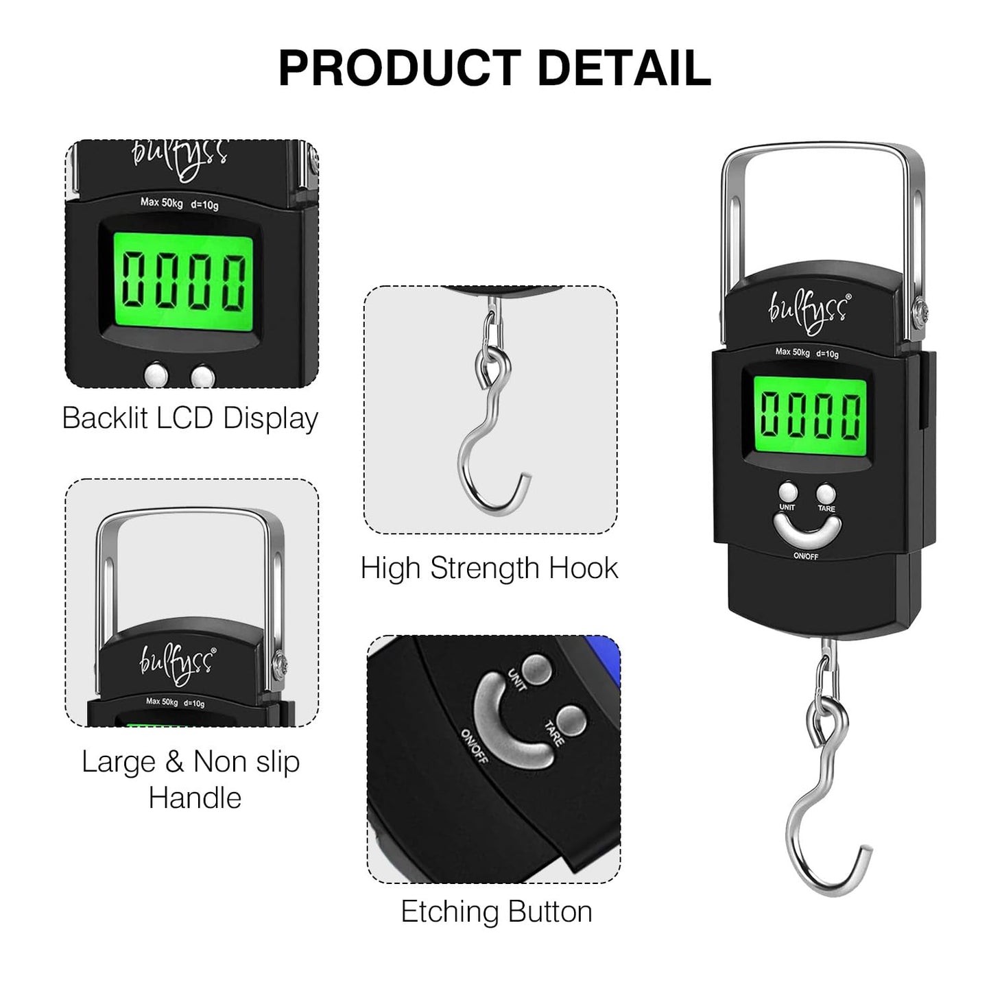 Bulfyss by UrbanFix Electronic 50Kgs Digital Luggage Weighing Scale - Black | Bag Weighing Scale for Luggage | Spring Balance | Weight Machine for Luggage