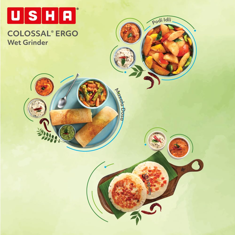 USHA Colossal Ergo Easy-Tilt Wet Grinder| 2L, 150W, 100% Copper Motor with Dual Flow Breaker, Stainless Steel Drum and Accessories| 10 Year Motor Warranty (Magenta)