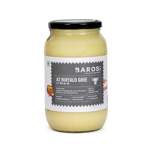 Barosi Premium Buffalo Ghee 1 Litre | Vedic Bilona Method | Churned From Curd | Pure & Natural | Farm Made In Small Batches | Glass Jar Packing