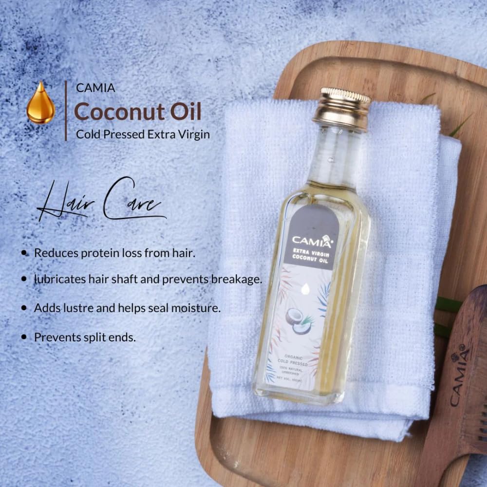 CAMIA Premium Coconut Oil for Skin & Hair | Cold Pressed & Organic Coconut Oil | 100% Pure, Natural, Undiluted, Unrefined Hair Oil | Ideal for Skiin & Hair | Free From Chemicals | 100 ML Glass Bottle