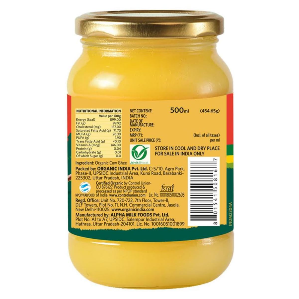 A TATA Product - Organic India Pure Cow Ghee, 500ml, Lab Tested on 600+ Parameters, Certified Organic, Glass Bottle, Sourced from Organically Fed Cows, Authentic Taste, Rich in Healthy Fat