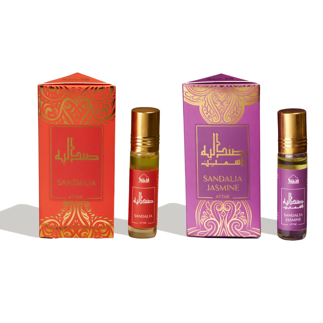 Sandalia Attar & Sandalia Jasmine Attar Oil by Dukhni | 2 x 6ml Arab perfume oils for men and women | 100% pure ittar roll on perfume, chandan, sandal, sandalwood oil, mogra | Islamic Fragrances