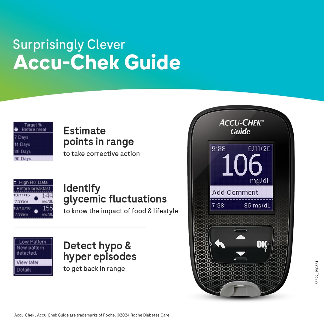 Accu-Chek Guide Blood Glucose Glucometer (with Bluetooth) Kit with Vial of 10 Strips, 10 Lancets and a Lancing Device FREE for Accurate Blood Sugar Testing