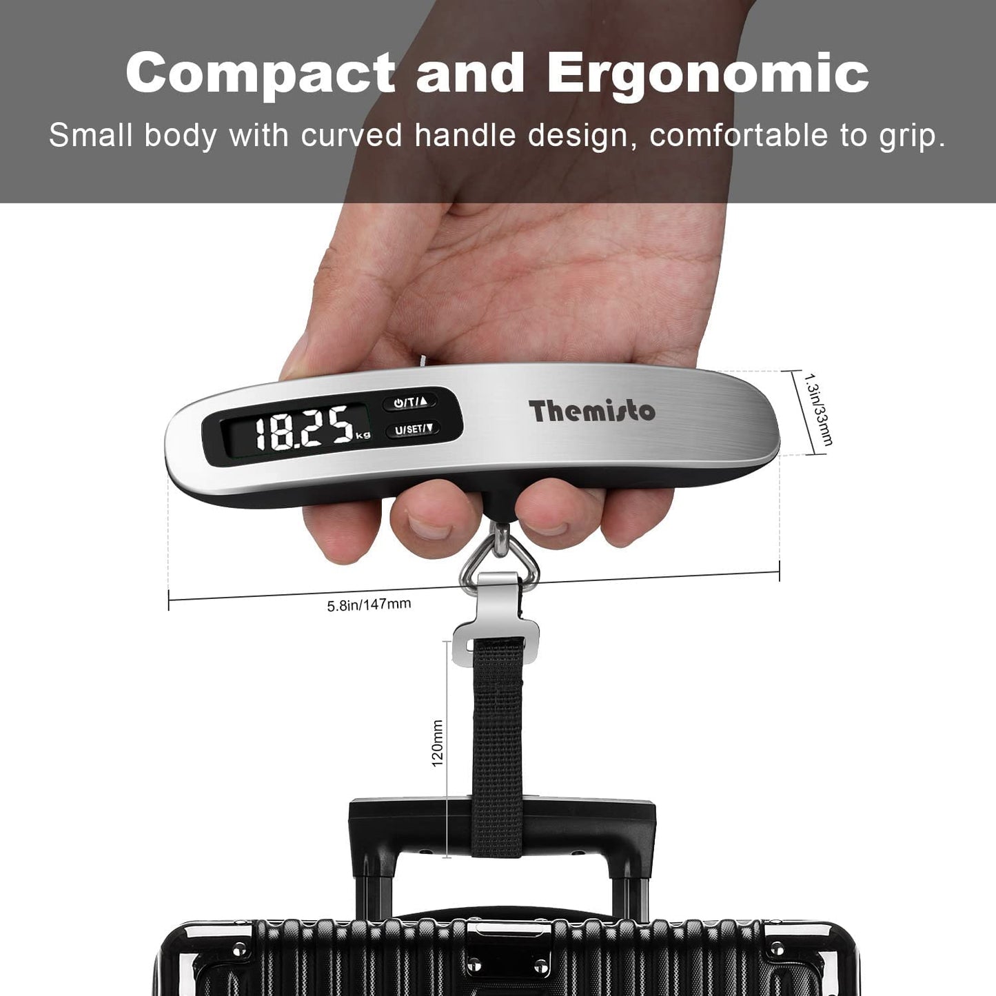 Themisto TH-WS10 Digital Luggage Scale with Target Value Setting (50kg), Silver