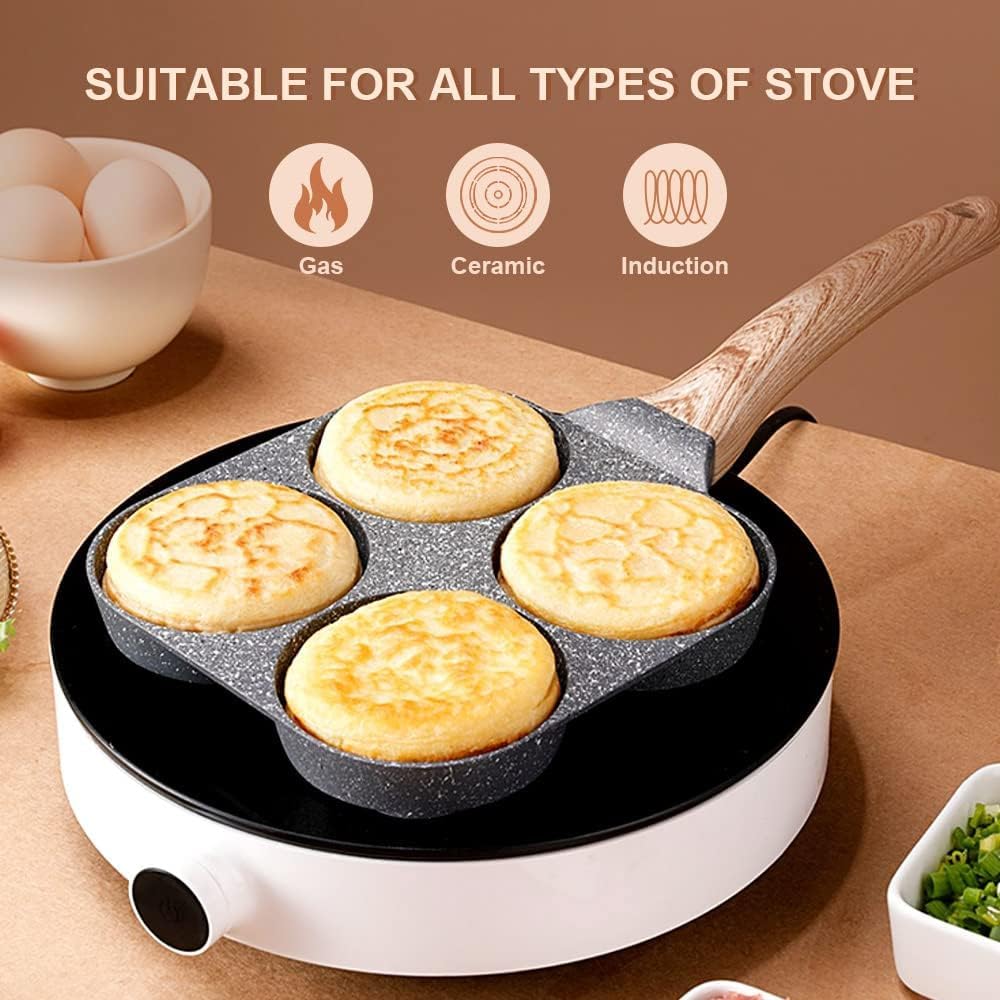 Cannagenix 4 Cups Egg Pan Omelette Pan Frying Pan Egg Frying Pan 4 Cup Crepe Pan Granite Egg Cooker Breakfast Pancakes Pan Suitable for Gas Stove & Induction Cookware (Wood Grain Handle)