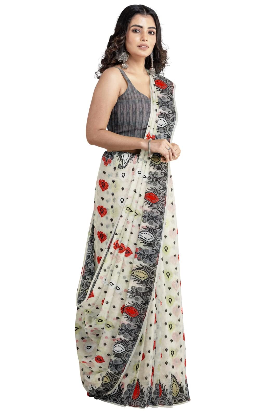 Saree Niketan Women's Traditional Bengal Cotton Silk Jamdani Saree (white)