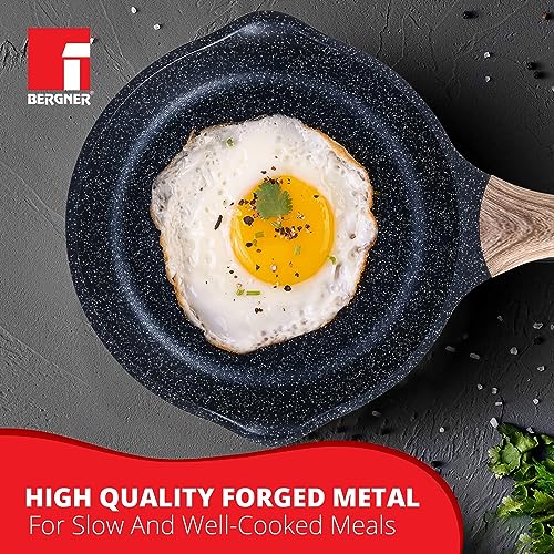 BERGNER Ultimate ILag Marble Non Stick Frypan/Frying Pan, 24 cm, 1.8 litres, Induction Base, Wooden Soft Touch Handle, Food Safe (PFOA Free), Thickness 4.5mm, 1 Year Warranty, Grey