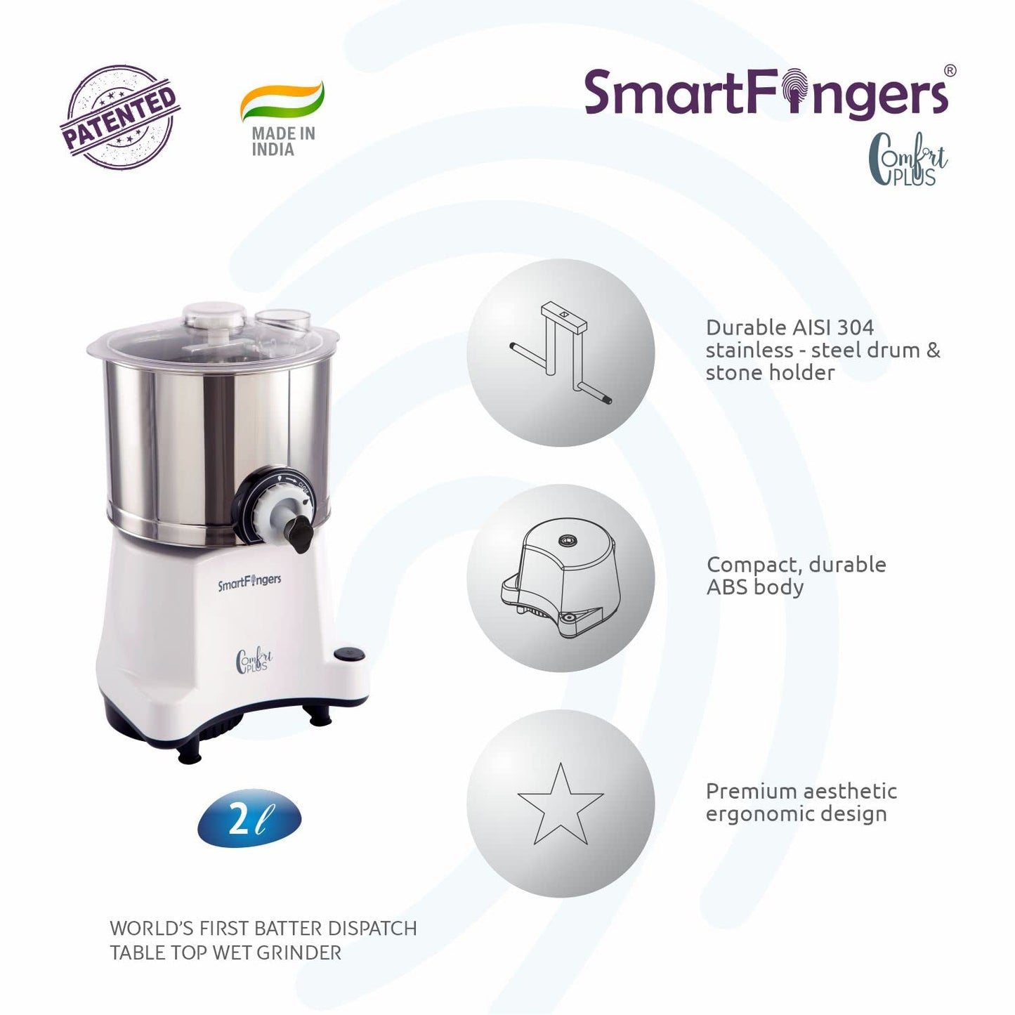 SmartFingers Comfort Plus Table Top magic Wet Grinder 230V 50hz, 2 Liter, White, 2 Stone