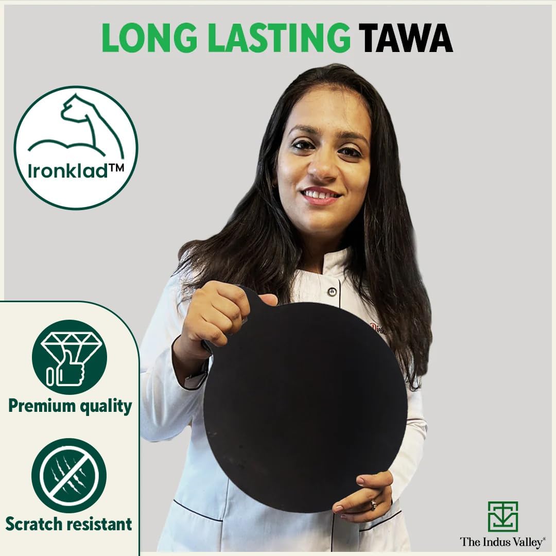 The Indus Valley Pre-Seasoned Iron Tawa with Wooden Spatula & Flip for Dosa/Chapathi | 28cm/11 inch, 1.5kg | Gas Compatible | 100% Pure & Toxin-Free, No Chemical Coating