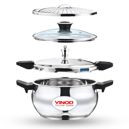 Vinod Magic Stainless Steel Smart 3 in 1 Pressure Cooker 3.5 Litre | 5mm Thick Base | All in One Cooker with Strainer & Glass Lid | Induction and Gas Base | ISI certified | 2 Years Warranty