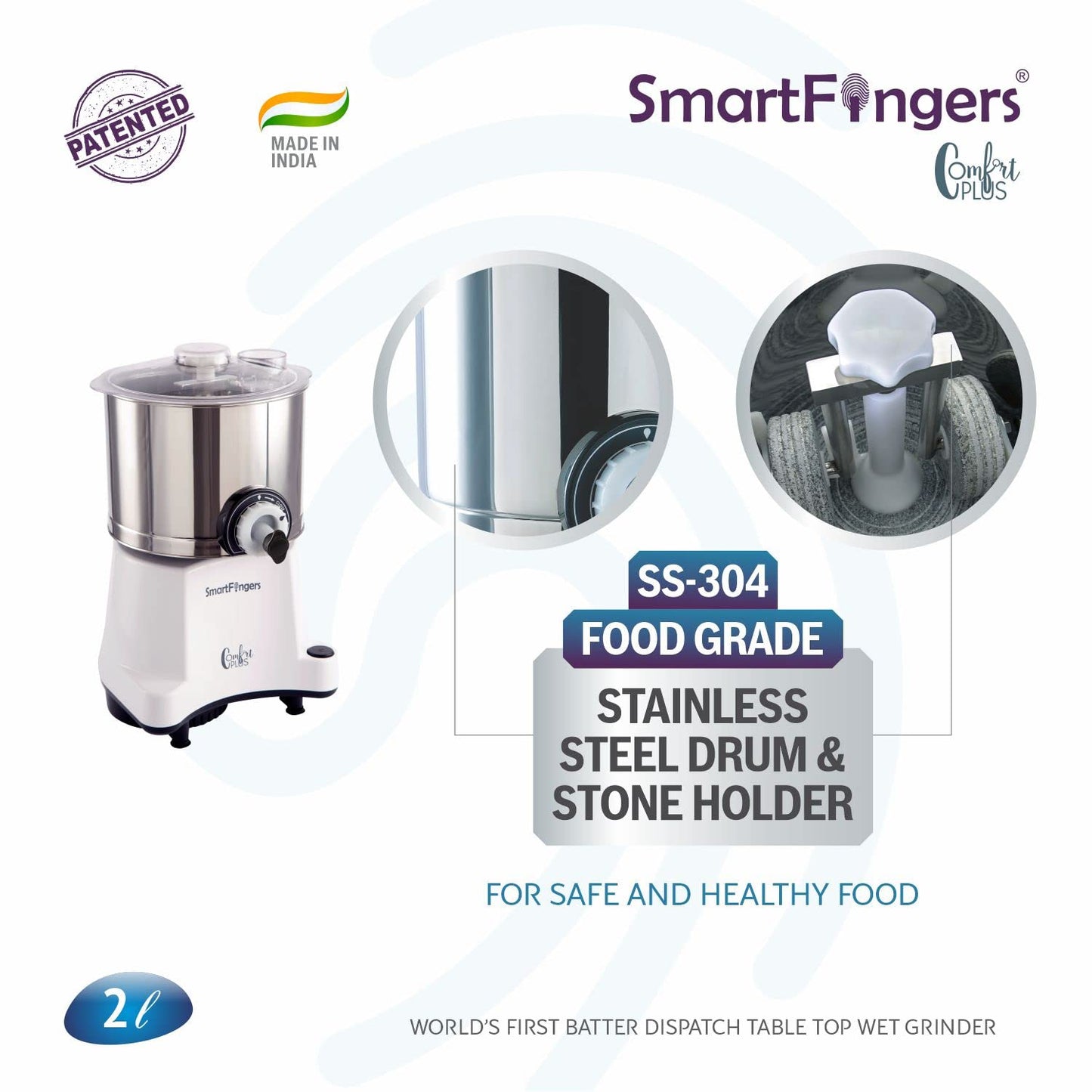 SmartFingers Comfort Plus Table Top magic Wet Grinder 230V 50hz, 2 Liter, White, 2 Stone