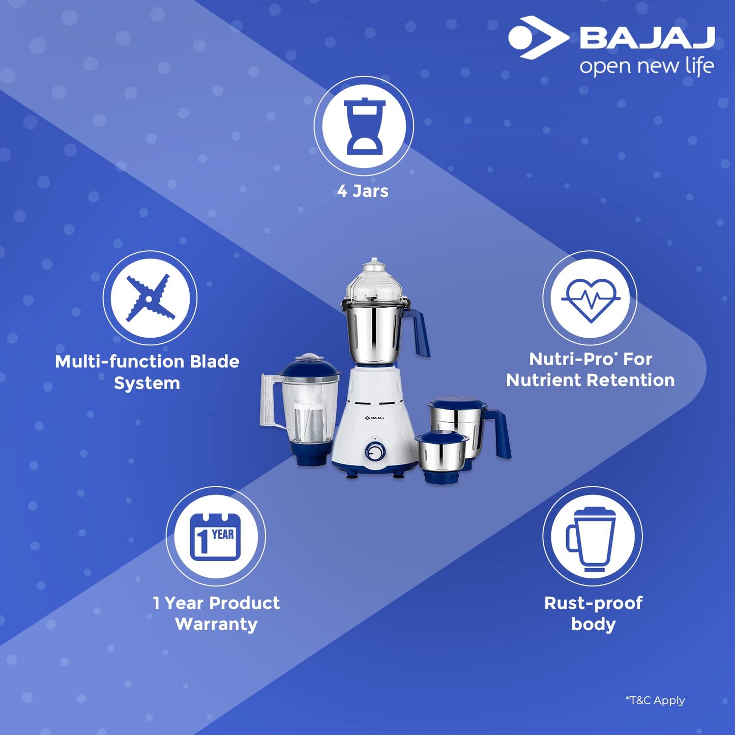 Bajaj Rex Mixer Grinder 750W|4 Mixer Jars|Mixie for Kitchen with Nutri-Pro Feature|Titan Motor-Heavy Duty Grinding|Adjustable Speed Control|Multifunctional Blade System|1 Yr Warranty By Bajaj|White