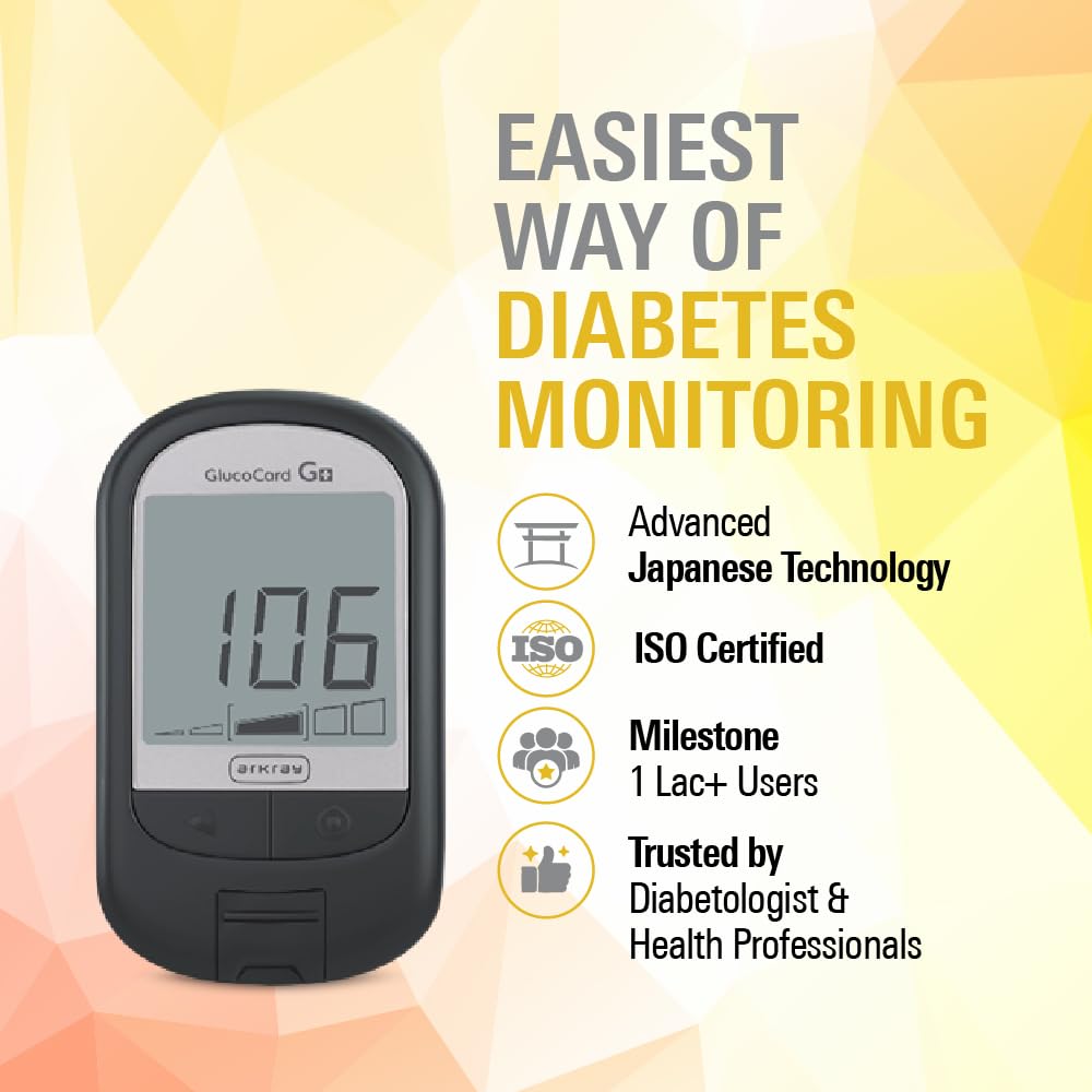 ARKRAY Glucocard G+ Advance glucometer machine | FREE 50 bottlepack Test Strips + 25 Trustlet Lancets + 1 Lancing device | Made in India | Designed with Advanced Japanese Technology