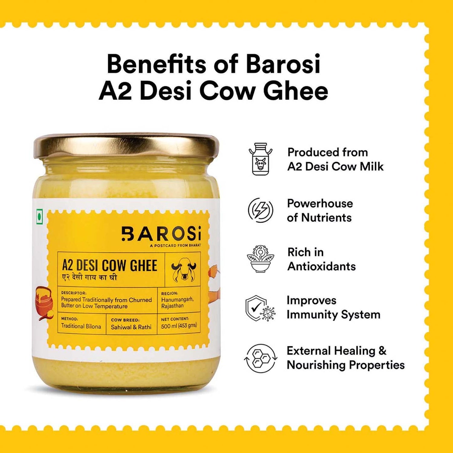 Barosi Premium A2 Cow Ghee 500 millilitre | A2 Danedar Desi Ghee | Churned from Curd with Bilona Method | Pure & Aromatic | Organic, Farm Made in Small Batches | Glass Jar Packing